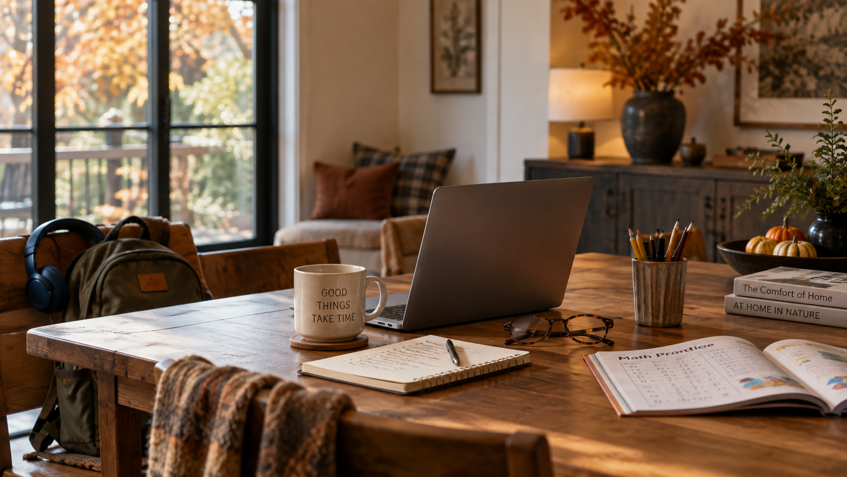 Warm autumn home workspace with an open laptop, notebook, schoolwork, mug, glasses, pencils, backpack, and fall light. No people are pictured.